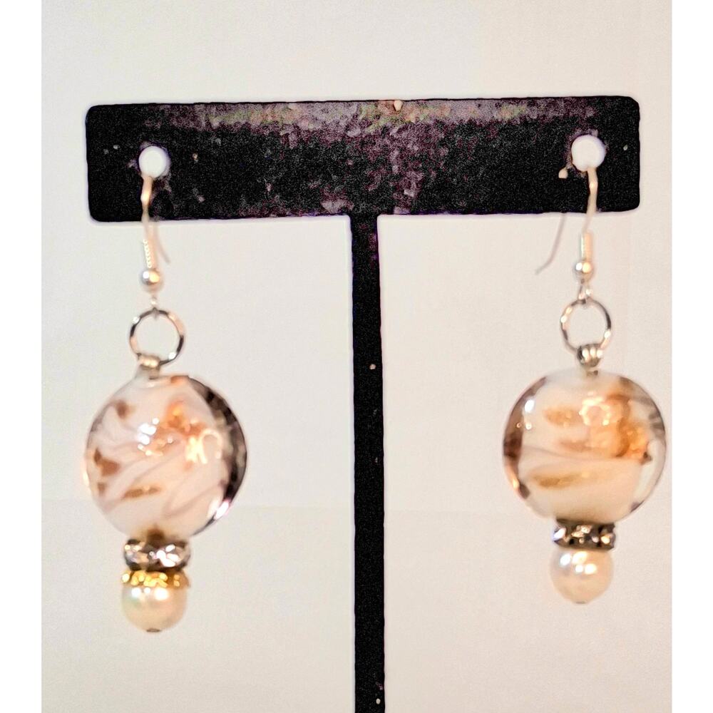 Dangle Drop White Gold Foil Art Glass Earrings Silver Tone Wire Faux Pearl Tips